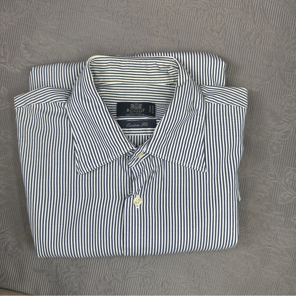 Boggi Milano Custom Fit Blue Striped Long Sleeve Button Up Dress Shirt 44” Chest - Picture 11 of 11